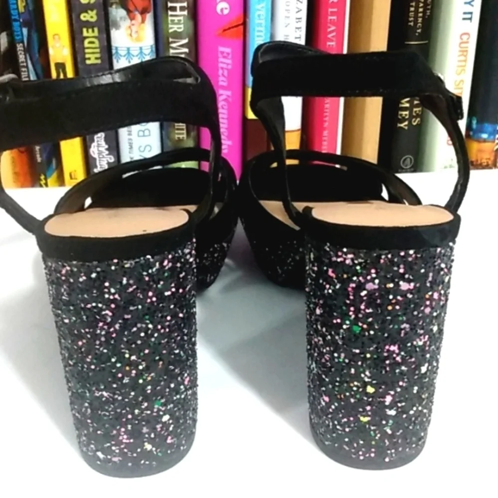JELLYPOP BLACK STRAPPY PLATFORM GLITTER SPARKLE ANKLE STRAP HEELS SIZE 8.5 NWT